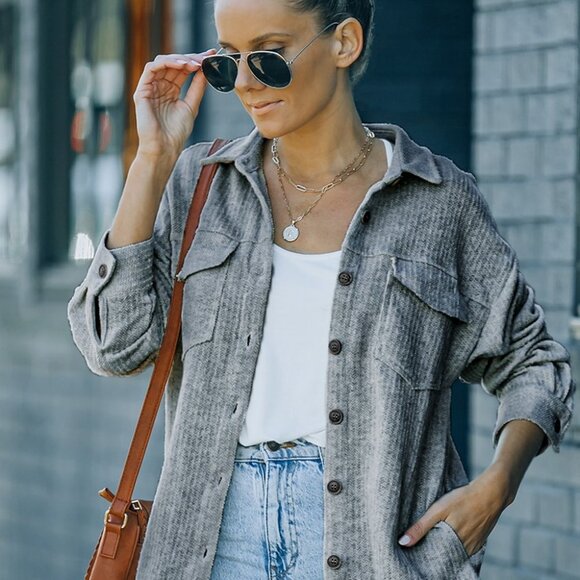 Textured Button Down Shacket Gray